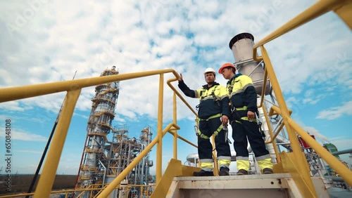 Two Asian manufacture construction engineer discuss oil petroleum gas factory technology