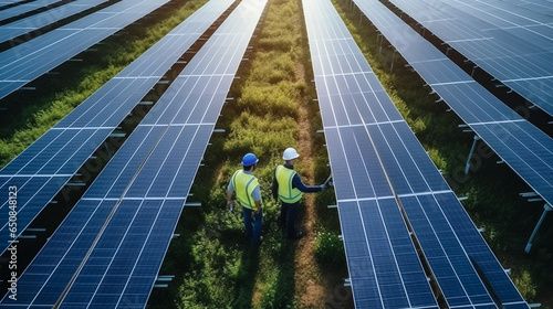 Aerial view over two technician walking for inspecting operation efficiency of solar panel energy production field solar farm in countryside area with sunset. Made with generative AI	