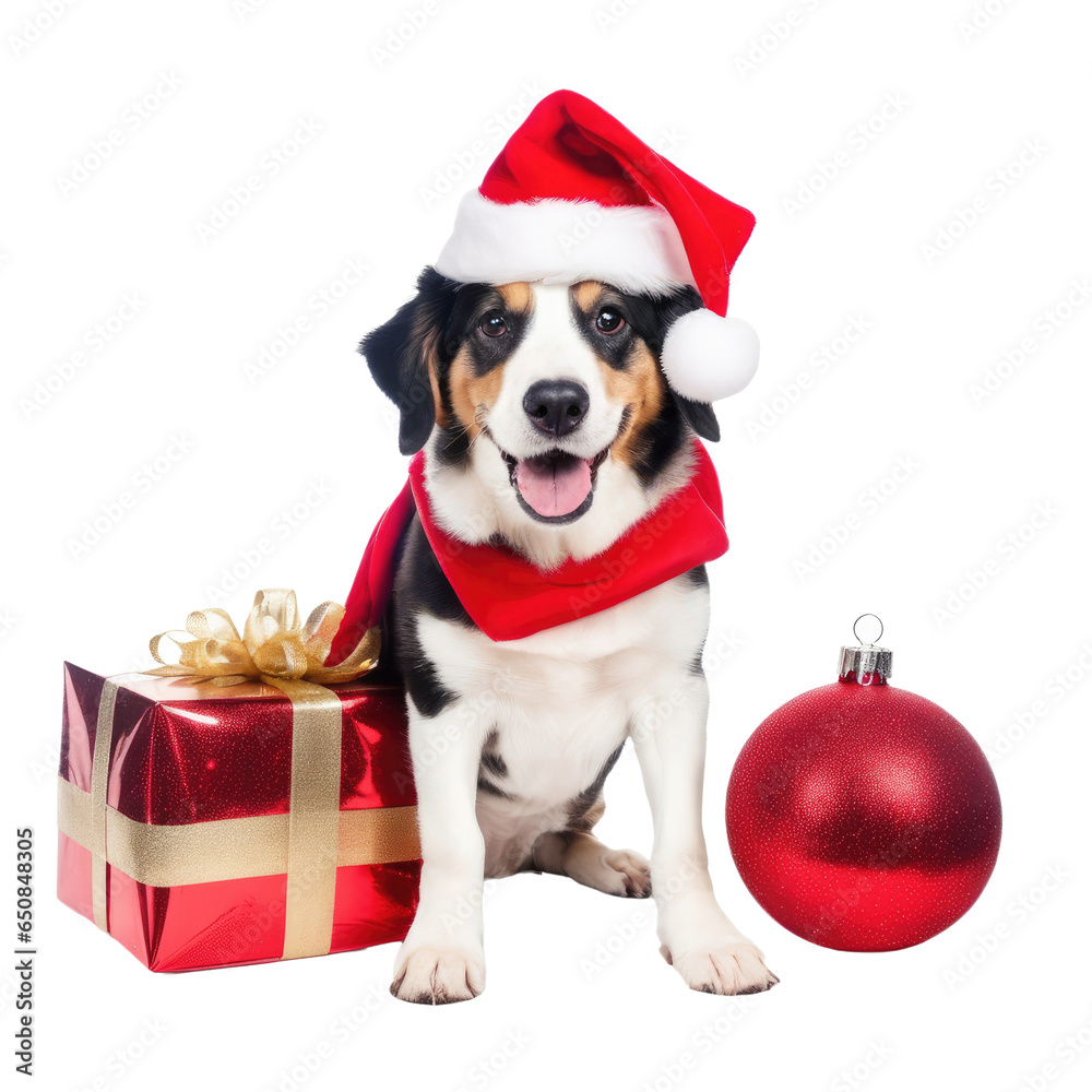 dog wearing santa hat isolated on white background