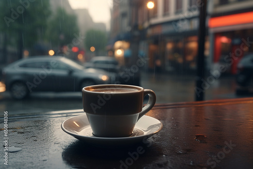 Drinks and still life concept. Cup of coffee placed on table during rainy day. Dark moody background. Generative AI