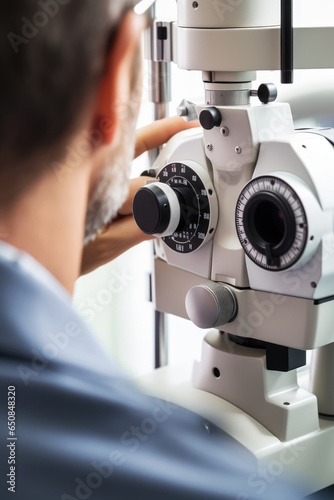 An oculist doing an eye exam in the ophthalmologist office. Generative AI