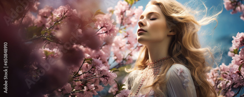 Portrait of a young woman in a blooming garden, surrounded by vibrant spring blossoms