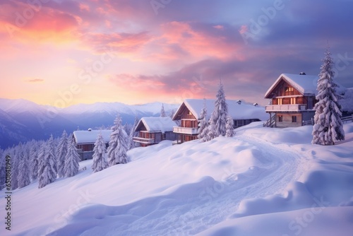 luxury ski resort with elegant snow-covered cabins during orange purple sunrise, providing guests with a blend of comfort and outdoor adventure - Generative AI © Hanjin