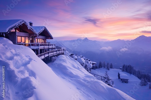 luxury ski resort with elegant snow-covered cabins during orange purple sunrise, providing guests with a blend of comfort and outdoor adventure - Generative AI