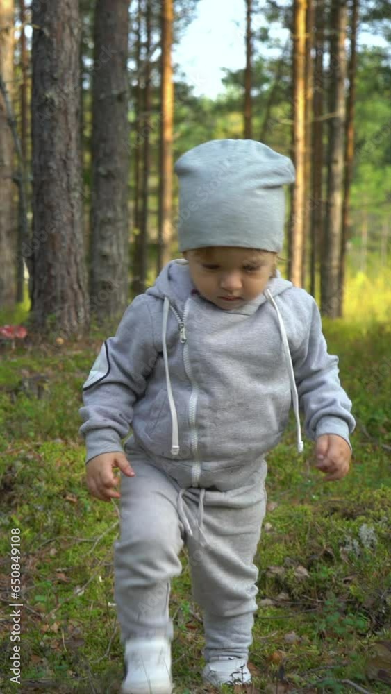 Little boy walking during the hiking activities in northern forest in Finland Little boy walking during the hiking activities in northern forest in Finland