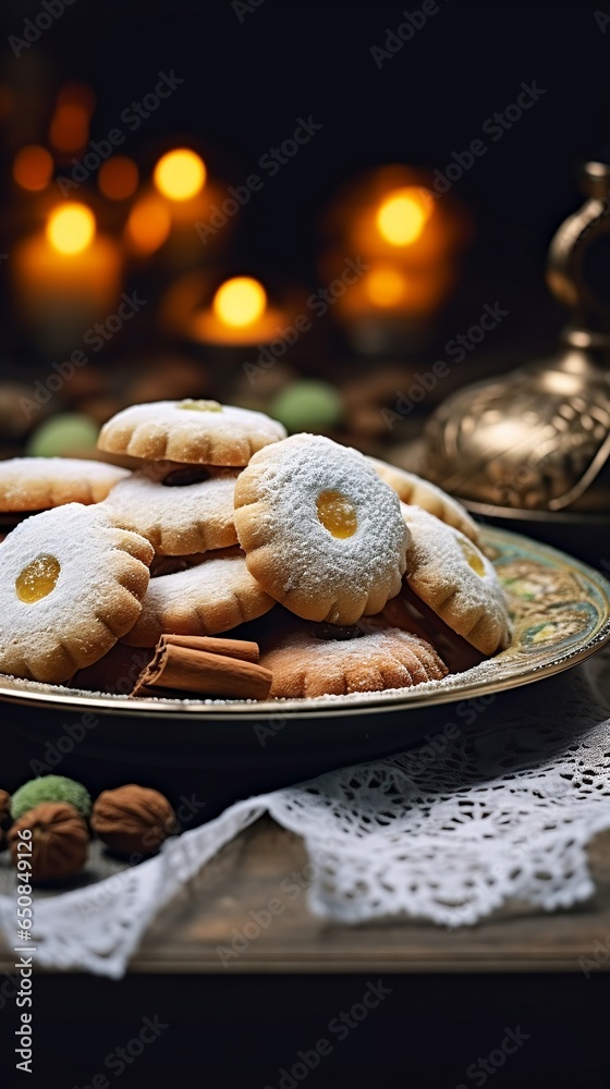 Plate of traditional cookies for Islamic holidays on the table. Eid Mubarak