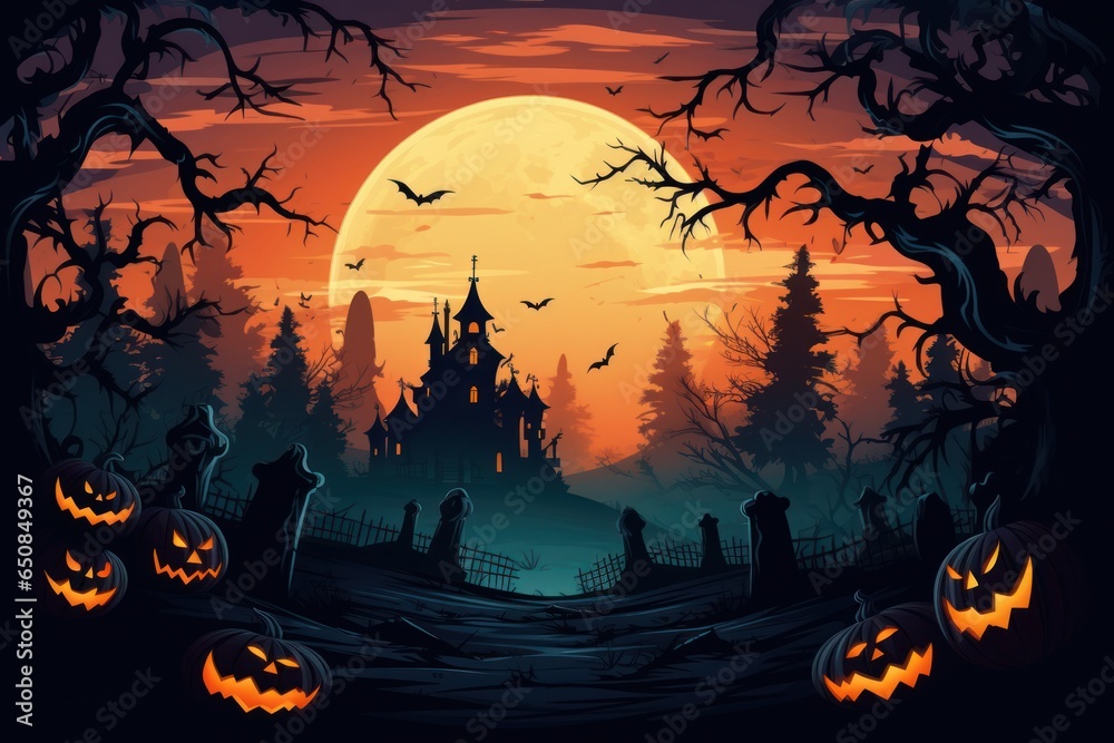 Halloween illustration with pumpkins and spooky forest