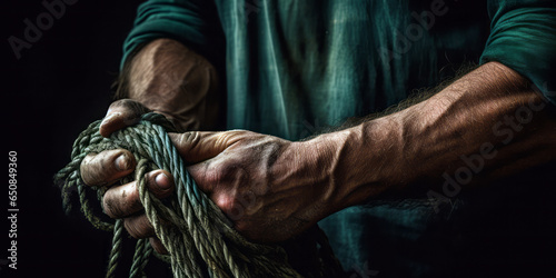 fisherman's weathered hands untangling a fishing line