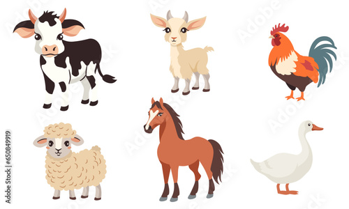 Vector set of flat illustrations. Farm animals on white background, domestic animals. Horse, cow, sheep, goat, goose, rooster. Vector illustration