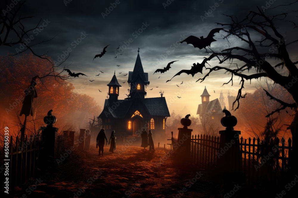 Spooky and atmospheric Halloween night scene with a haunted house, a full moon