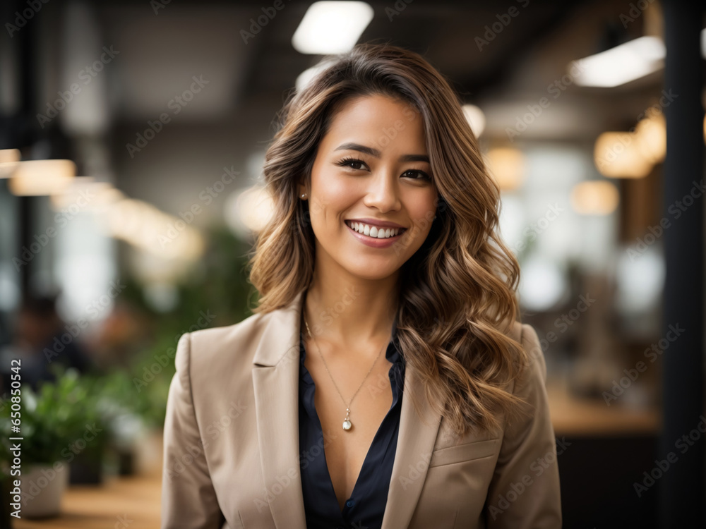 Portrait of young smiling Successful businesswoman, Happy business woman standing in creative office. AI Generative Portrait of young smiling Successful businesswoman, Happy business woman standing in creative office. AI Generative