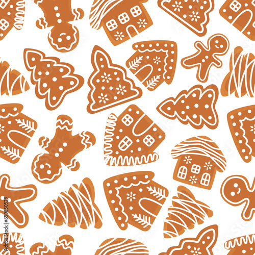 Seamless vector New Year's Eve pattern on white background. New Year gingerbread in the form of Christmas trees, houses and little people . Vector illustration