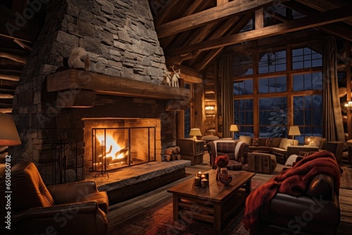 The inviting glow of a fireplace inside a snow-covered lodge, where guests can unwind after a day of winter activities - Generative AI
