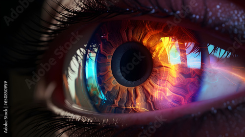 Close-up of an eye, colorful pupils, high-tech style