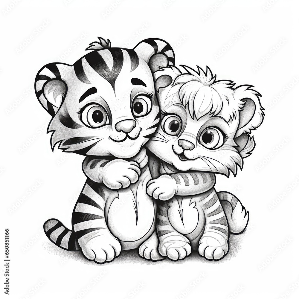 Coloring page for kids, A picture of cute tiger and cute lion are ...