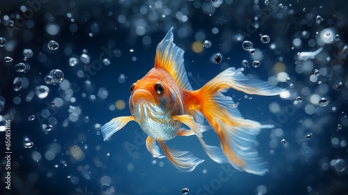Illustration of a goldfish swimming in water with bubbles