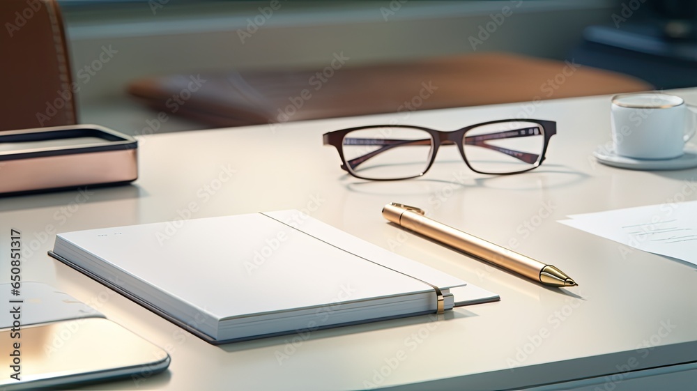 A minimalist workspace captured in close-up, featuring sleek glasses, neatly arranged documents, and a modern smartphone and tablet on a pristine white desk. A minimalist workspace captured in close-up, featuring sleek glasses, neatly arranged documents, and a modern smartphone and tablet on a pristine white desk.