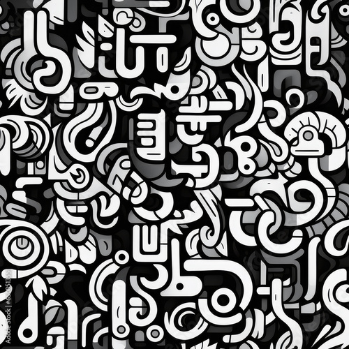 Black and white doodles graffiti funky repeat pattern