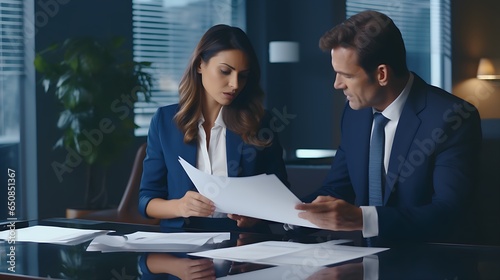 Professional Consultation: Female Lawyer and Male Client Discuss Financial Documents in Office