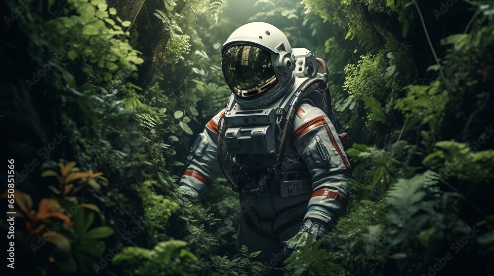 Illustration of an astronaut exploring a lush forest