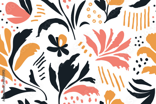 Seamless botanical pattern pink orange black modern collage of drawings of various flowers, branches, hand drawn ink sketch. Vector illustration isolated on white background. © Liubov