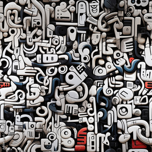 Black and white doodles graffiti funky repeat pattern
