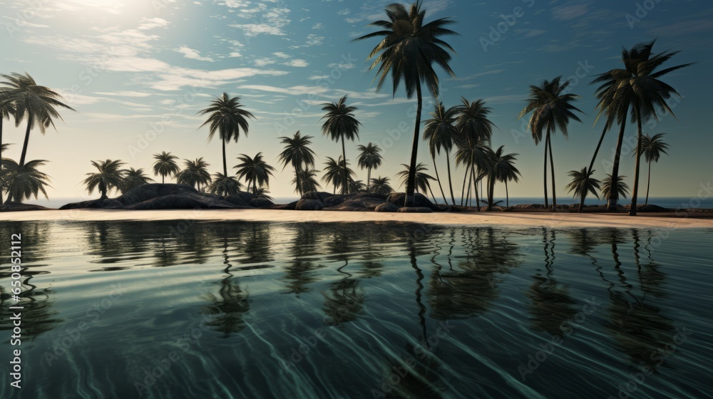 Illustration of a serene tropical island with palm trees and crystal clear waters