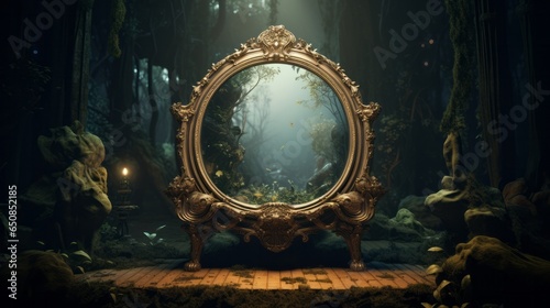 A mirror reflecting the beauty of a forest on a wooden floor © NK