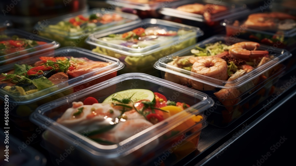 A variety of plastic food containers filled with delicious meals and snacks - obrazy, fototapety, plakaty 