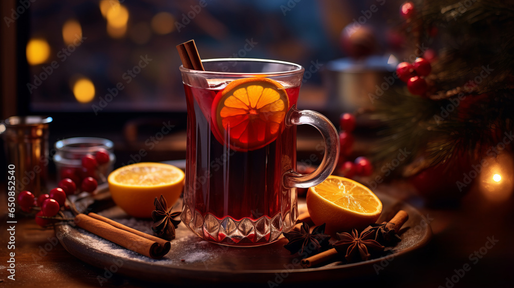 A festive glass of mulled wine garnished with orange slices and cinnamon sticks A festive glass of mulled wine garnished with orange slices and cinnamon sticks