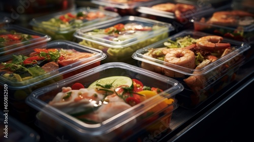 A variety of plastic food containers filled with delicious meals and snacks photo