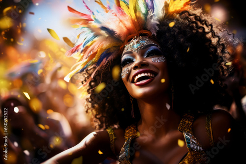 Closeup portrait of Woman in Brazilian samba carnival costume with colorful feathers plumage. Happy woman smiling and dancing on Brazilian Carnival