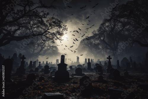 Foggy graveyard on Halloween night with tombstones, bats, and a mysterious atmosphere
