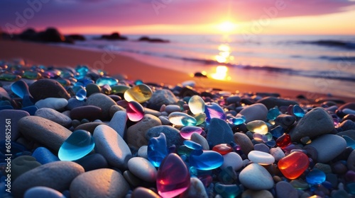 A colorful beach covered in a variety of unique stones