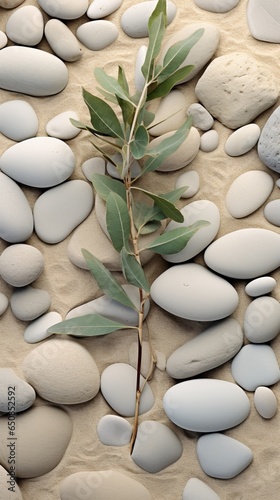Some rocks and a plant on a beach