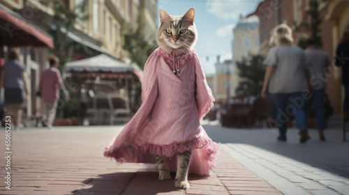 A cute cat strutting down the street in a stylish pink dress