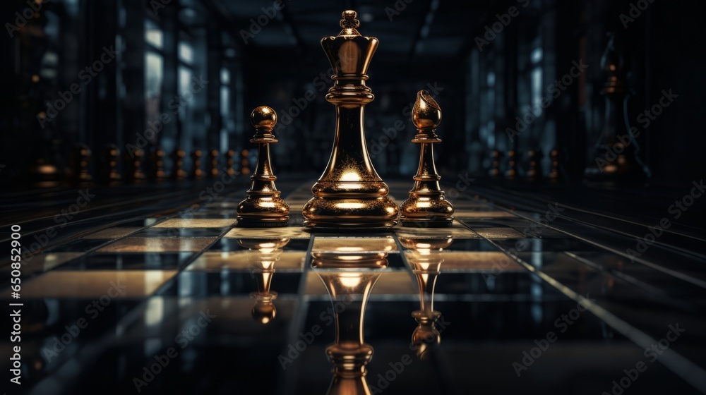 A golden chess piece reflecting light on a shiny surface - obrazy, fototapety, plakaty 