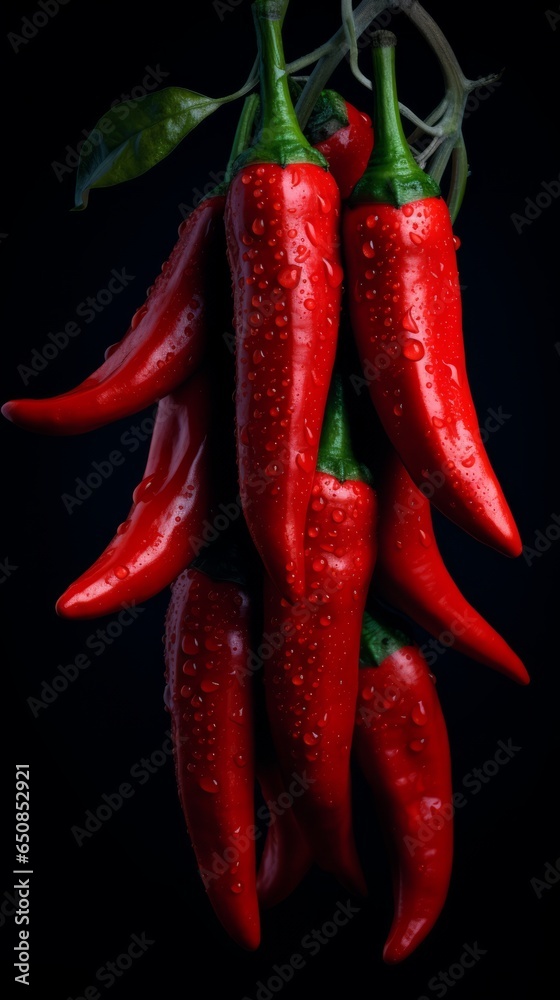 Ripe red peppers with water droplets glistening on their vibrant skin