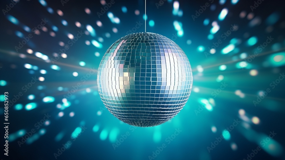 Fototapeta premium A sparkling disco ball suspended from a string, reflecting colorful lights in a dark room