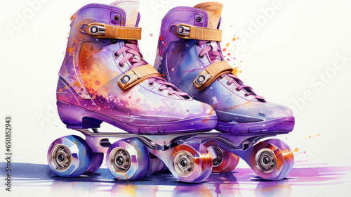 A colorful pair of roller skates in purple and orange