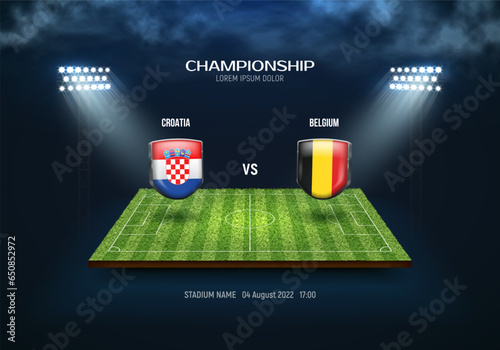 Logos soccer teams on green field background. Vector template for your design.