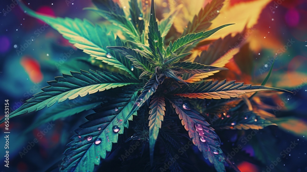 A marijuana leaf with water droplets glistening in the sunlight - obrazy, fototapety, plakaty 