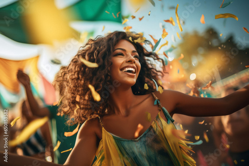 Closeup portrait of Woman in Brazilian samba carnival costume with colorful feathers plumage. Happy woman smiling and dancing on Brazilian Carnival photo