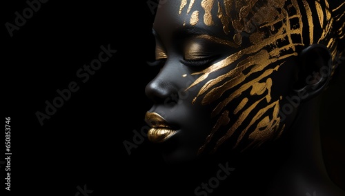 close up cosmetic fashion face shot of African dark skin woman wearing golden make up glow in metallic color  Generative Ai