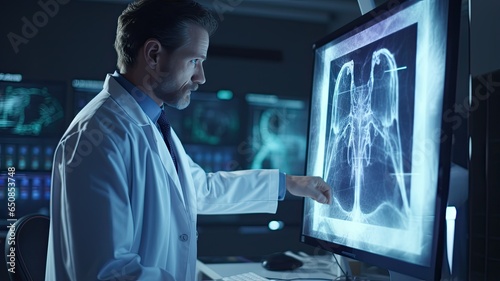 In a modern hospital room, a compassionate doctor stands with a patient's x-ray film in hand, carefully examining the detailed radiographic images.
