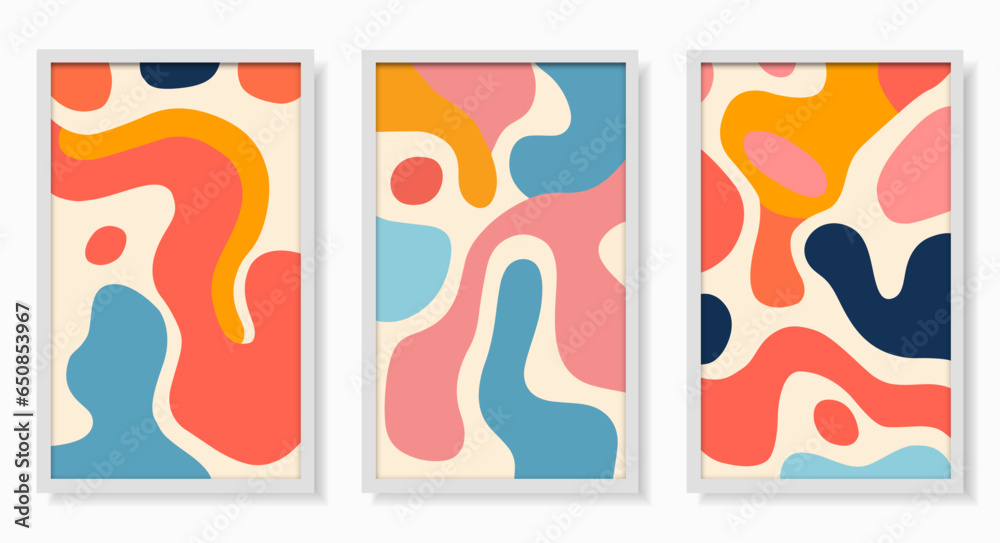 A set of three hand drawn colorful abstract artwork panels in different colors