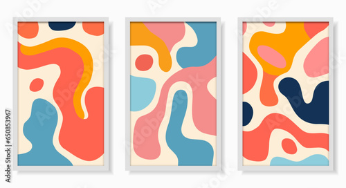 A set of three hand drawn colorful abstract artwork panels in different colors