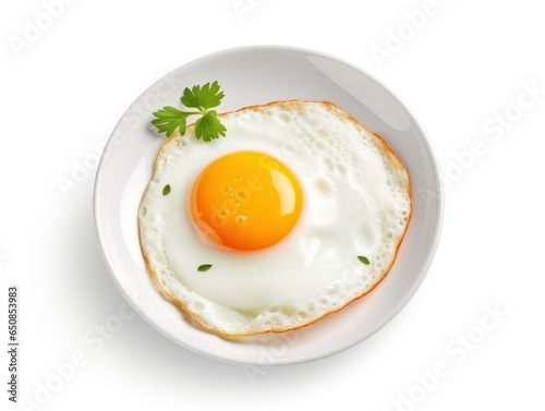 Fried egg in white plate on white background