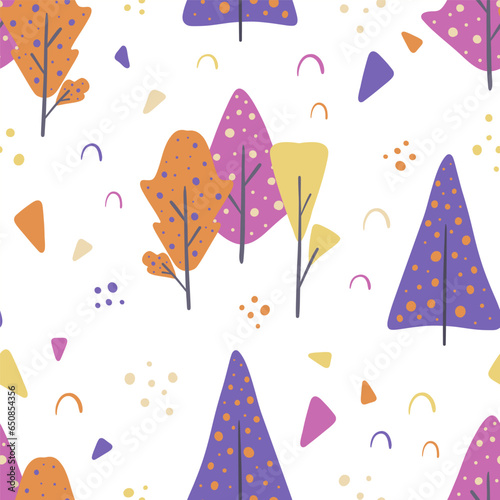 Abstract seamless pattern with colored forest. Trendy hand drawn textures.