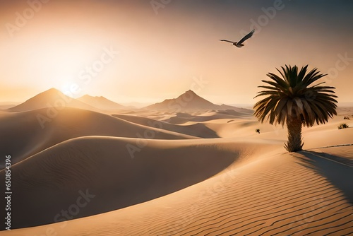 Paint a tranquil desert oasis with a lone falcon soaring high above the palm trees 